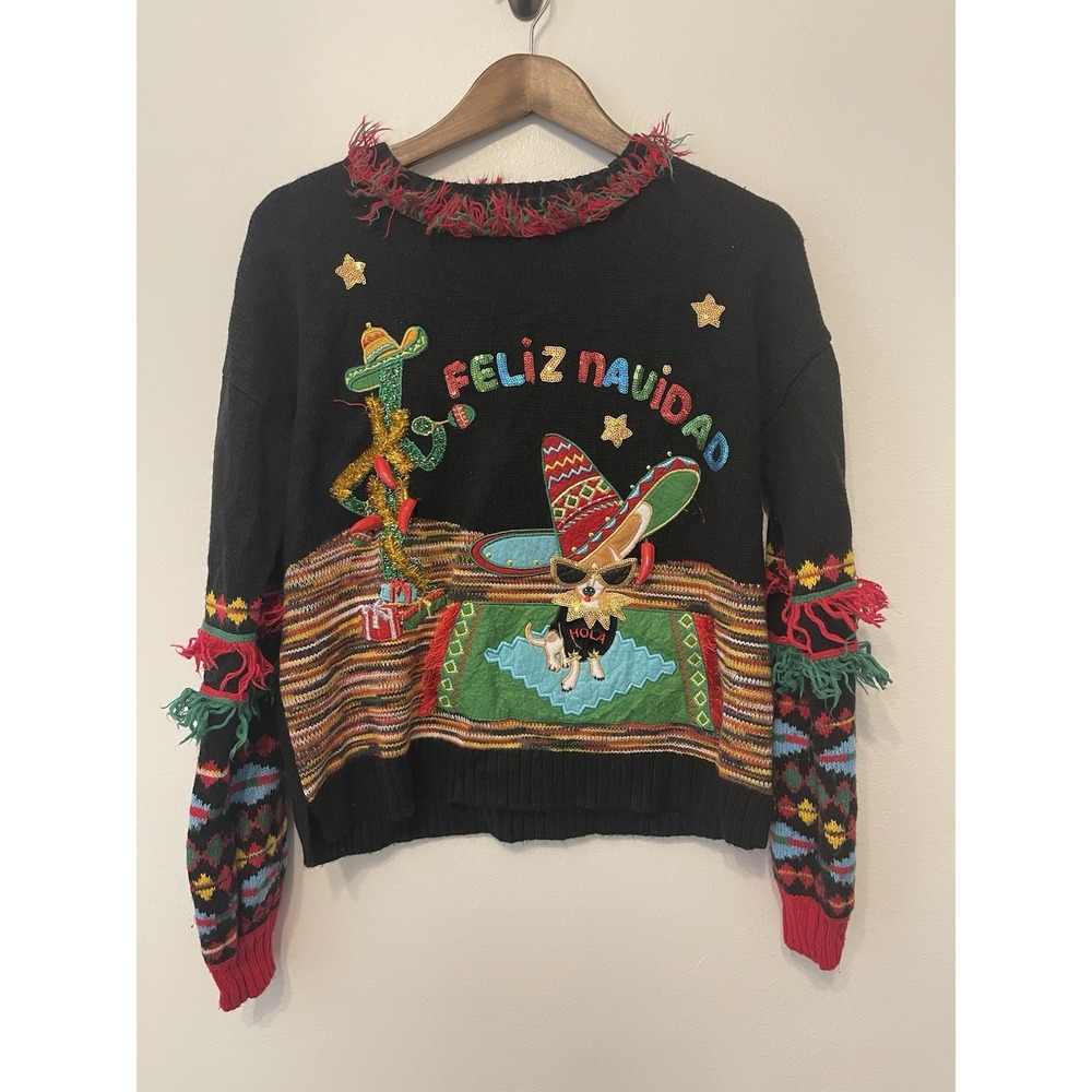 Women's Feliz Navidad Chihuahua Christmas Sweater Size S Ugly Sweater Fringe